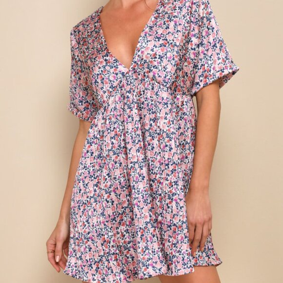 Lulus Express Yourself Blush Pink Floral Print Satin Babydoll Dress - Size S - Picture 1 of 2